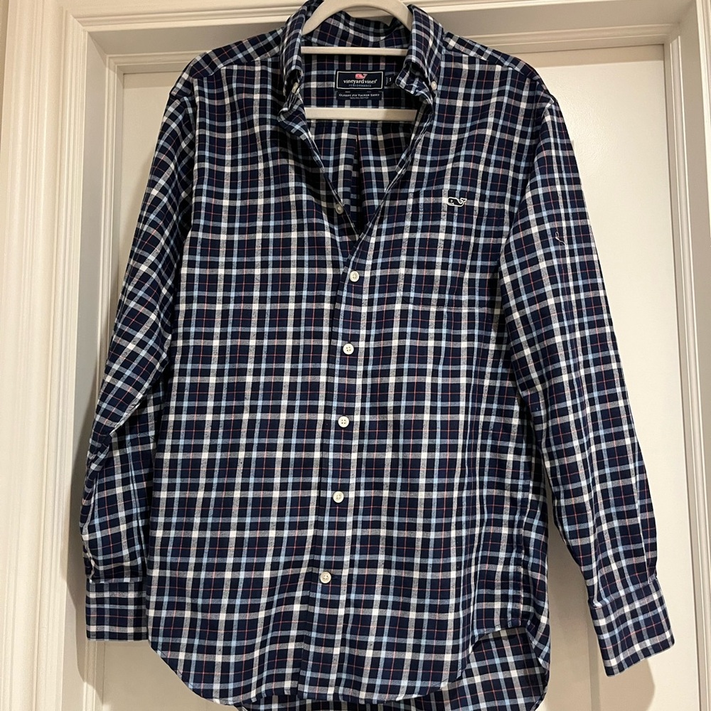 Vineyard Vines Navy and White Plaid Shirt